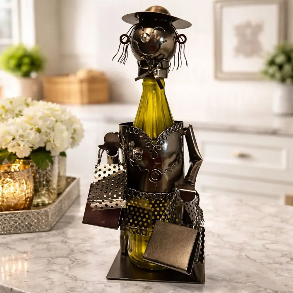 Wine Bottle Holder Metal Woman Shopping Bags Bar Cart Decor Display Rare Gift